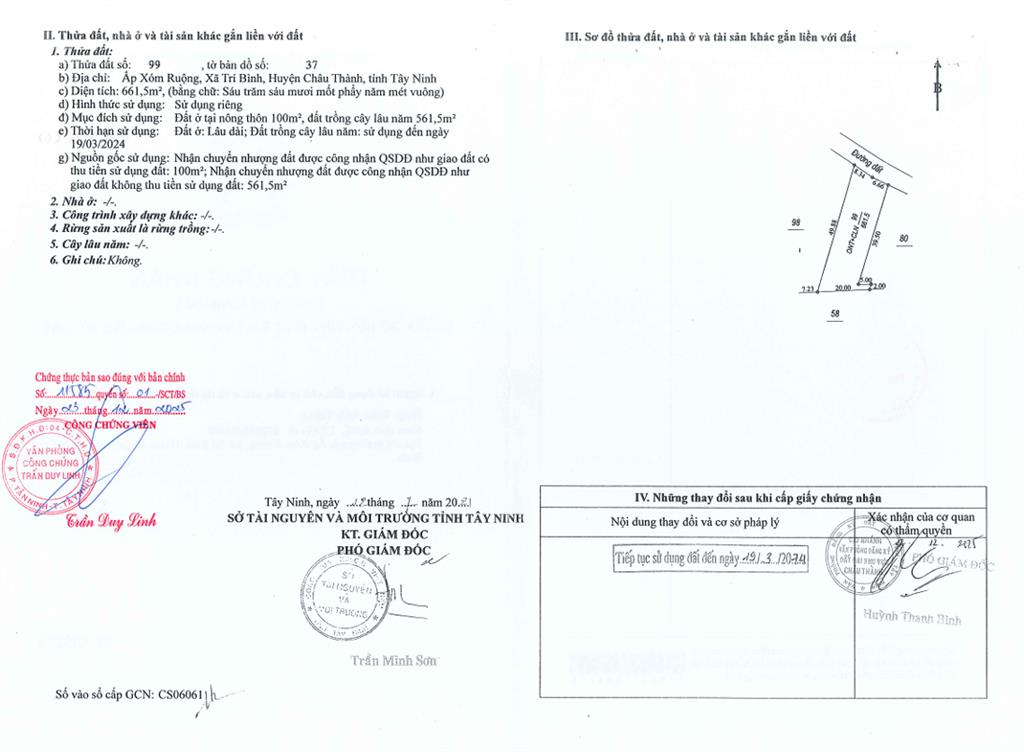 Bán qsdđ thửa đất số 99, tờ bản đồ số 37 ấp xóm ruộng, xã trí bình, h. châu thành, tỉnh tây ninh