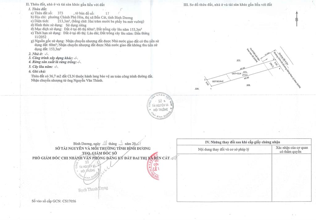 Bán qsdđ thửa đất số 373, tờ bản đồ số 17, p.chánh phú hòa, tx.bến cát, t.bình dương