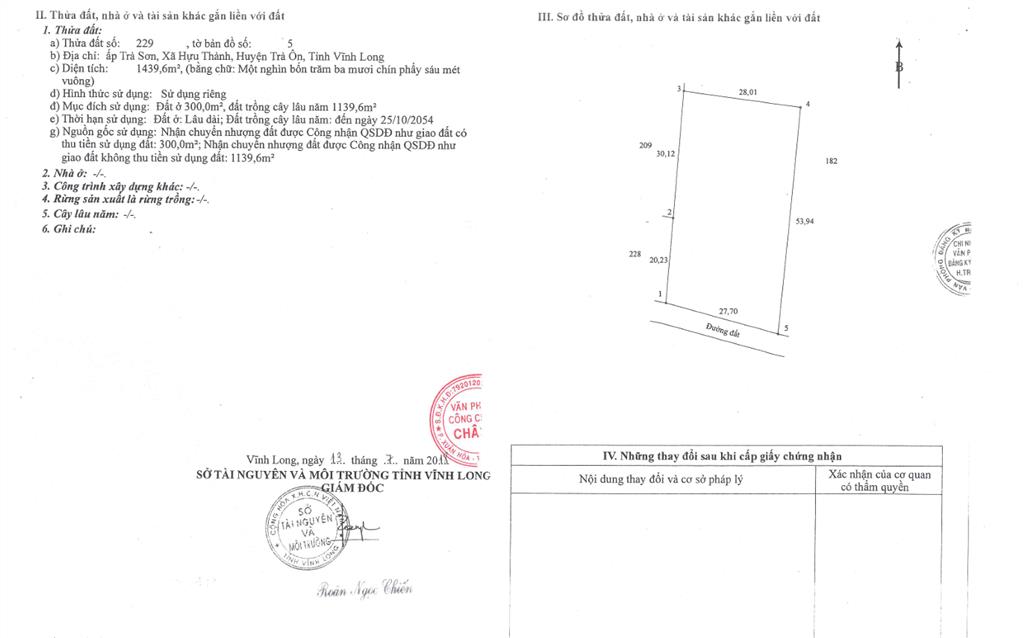 Bán qsdđ thửa đất số 229, tờ bản đồ số 5, ấp trà sơn, xã hựu thành, h. trà ôn, tỉnh vĩnh long