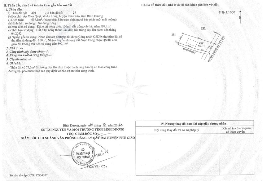 Bán qsdđ thửa đất số 290, tờ bản đồ số 27, ấp xóm quạt, xã an long, h.phú giáo, tỉnh bình dương