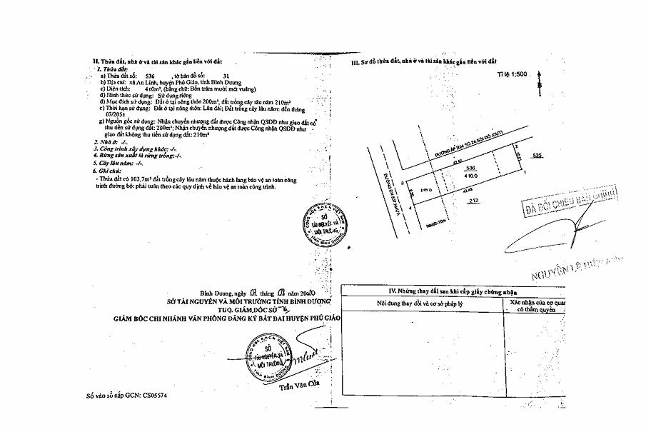 Bán qsdđ thửa đất số 536, tờ bản đồ số 31, xã an linh, h. phú giáo, tỉnh bình dương
