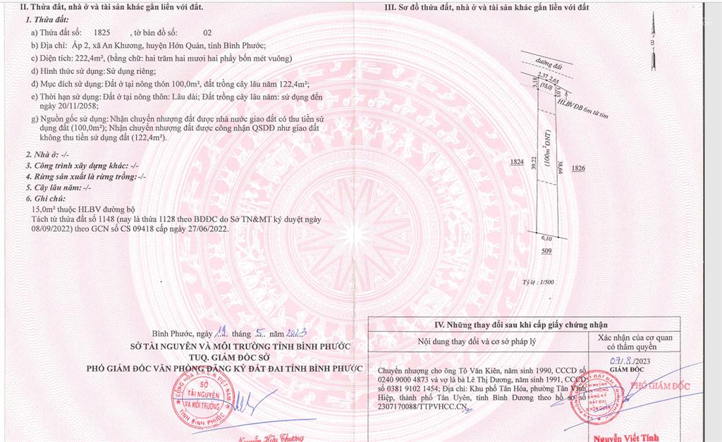 Bán qsdđ tại thửa đất số 1824 ấp 2, x. an khương, h. hớn quản, t. bình phước