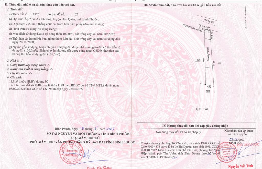 Bán qsdđ tại thửa đất số 1824 ấp 2, x. an khương, h. hớn quản, t. bình phước