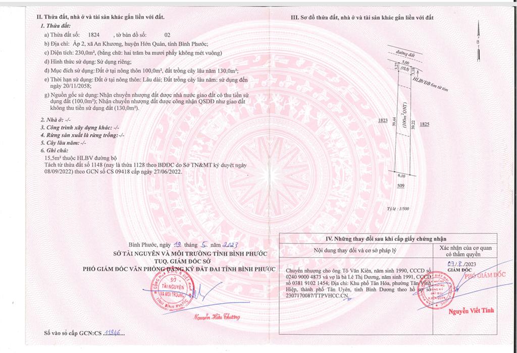 Bán qsdđ tại thửa đất số 1824 ấp 2, x. an khương, h. hớn quản, t. bình phước