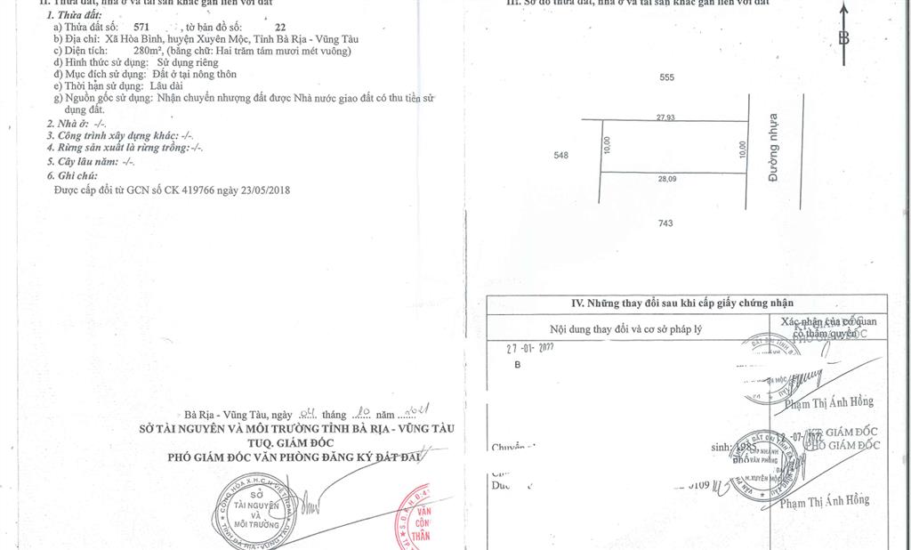 Bán qsdđ thửa đất số 571, tờ bản đồ số 22, xã hòa bình, h. xuyên mộc, tỉnh bà rịa vũng tàu