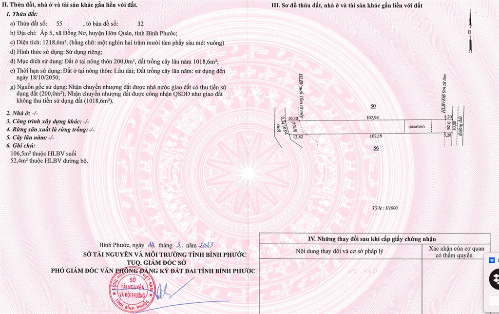 Bán qsdđ số 55, tờ bản đồ số 32 ấp 5, x. đồng nơ, h. hớn quản, t. bình phước