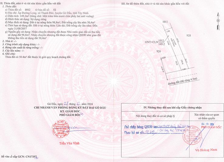 Qsdđ thửa đất số 1012, tờ bản đồ số 52, x.thạnh đức, t.tây ninh)