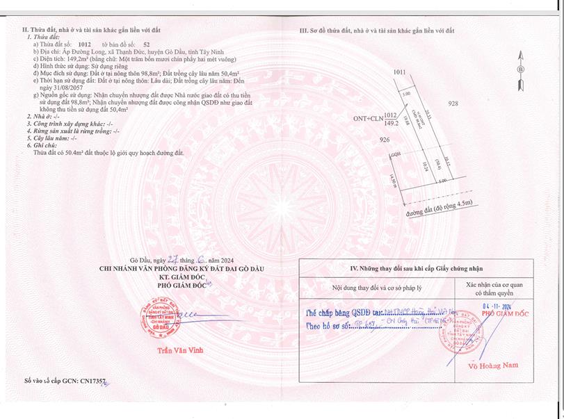Qsdđ thửa đất số 1012, tờ bản đồ số 52, x.thạnh đức, t.tây ninh)