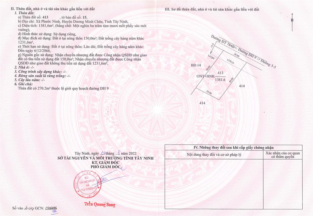 Qsdđ số 413, tờ bản đồ số 15, x. phước ninh, h. dương minh châu, t. tây ninh