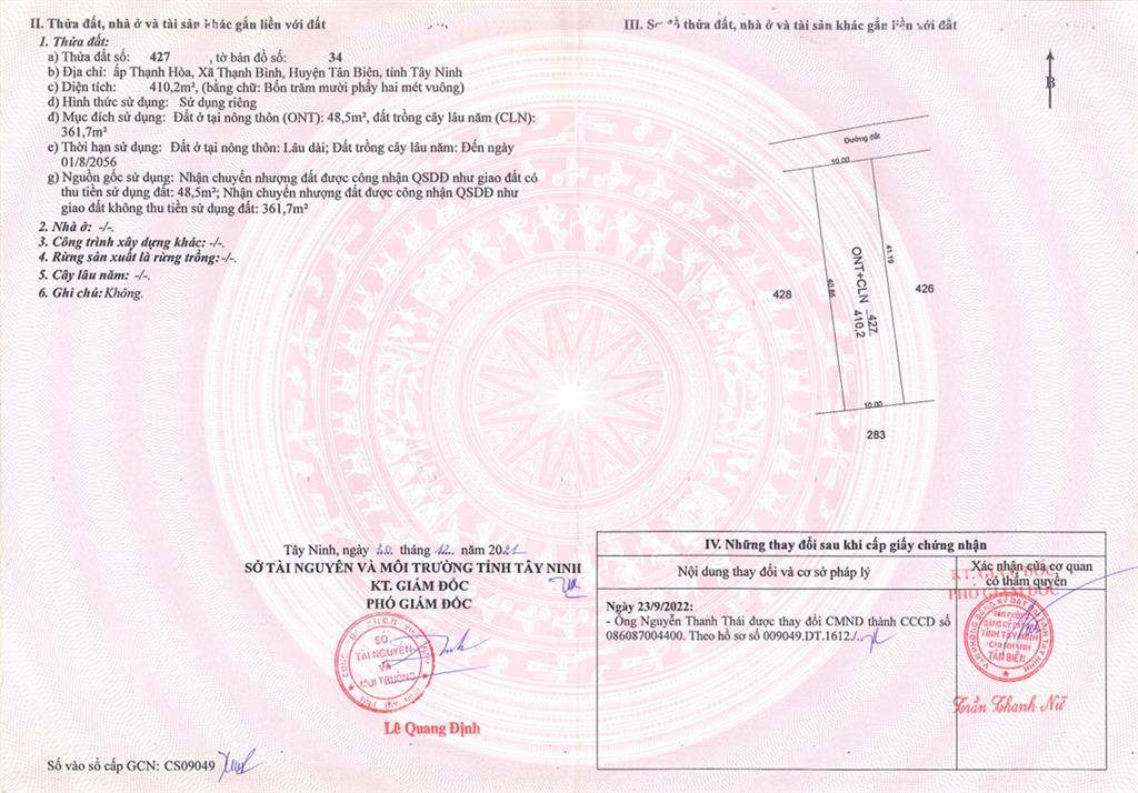Qsdđ số 427, tờ bản đồ số 34, ấp thạnh hòa, x. thạnh bình, h. tân biên, t. tây ninh