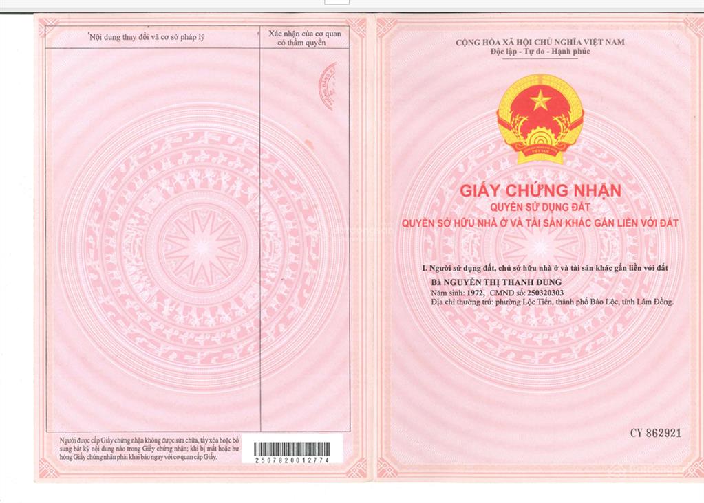 Bán qsdđ thửa đất số 130, tbđ 36 lộc tân, h. bảo lâm (nay là phường 2  bảo lộc), tỉnh lâm đồng
