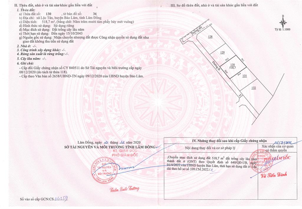 Bán qsdđ thửa đất số 130, tbđ 36 lộc tân, h. bảo lâm (nay là phường 2  bảo lộc), tỉnh lâm đồng