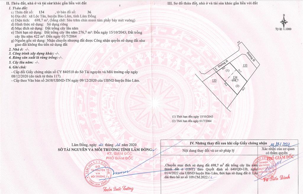 Bán qsdđ thửa đất số 134, tbđ 36 lộc tân, h. bảo lâm (nay là phường 2  bảo lộc), tỉnh lâm đồng
