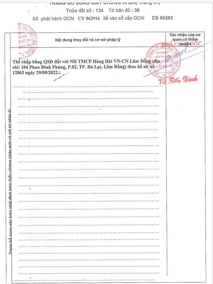 Bán qsdđ thửa đất số 134, tbđ 36 lộc tân, h. bảo lâm (nay là phường 2  bảo lộc), tỉnh lâm đồng