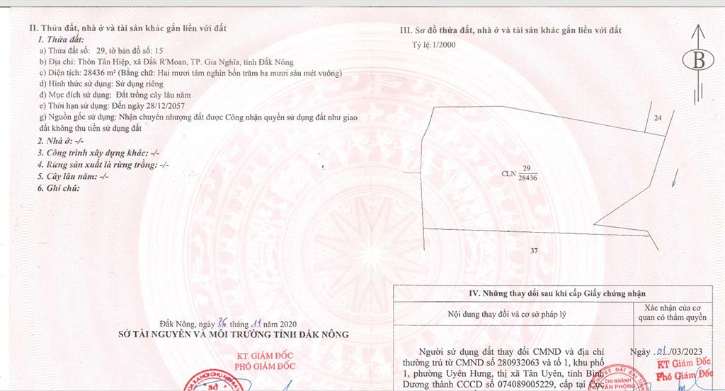 Bán qsdđ thửa đất số 29, tbđ số 15, thôn tân hiệp, x. đắk rmoan, tp. gia nghĩa, tỉnh đắk nông