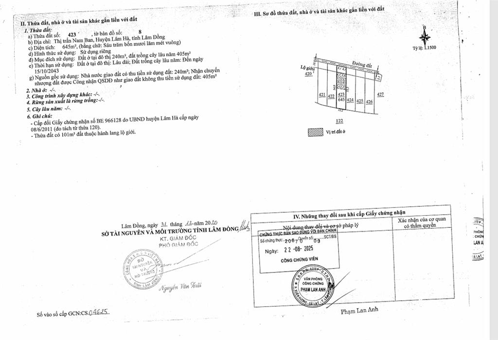 Qsdđ 423, tờ bản đồ số 8, tt.nam ban, h. lâm hà, t. lâm đồng (nay là x.nam ban lâm hà, t.lâm đồng)