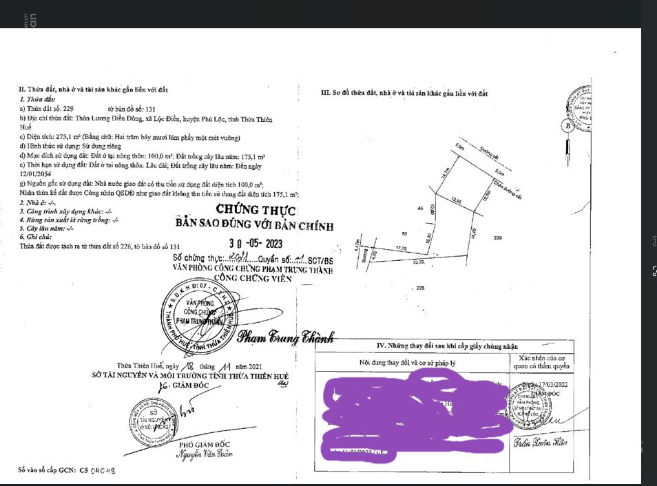 Qsdđ thửa đất số 229, tbđ số 131 thôn lương điền đông, x. lộc điền, h. phú lộc, t. thừa thiên huế