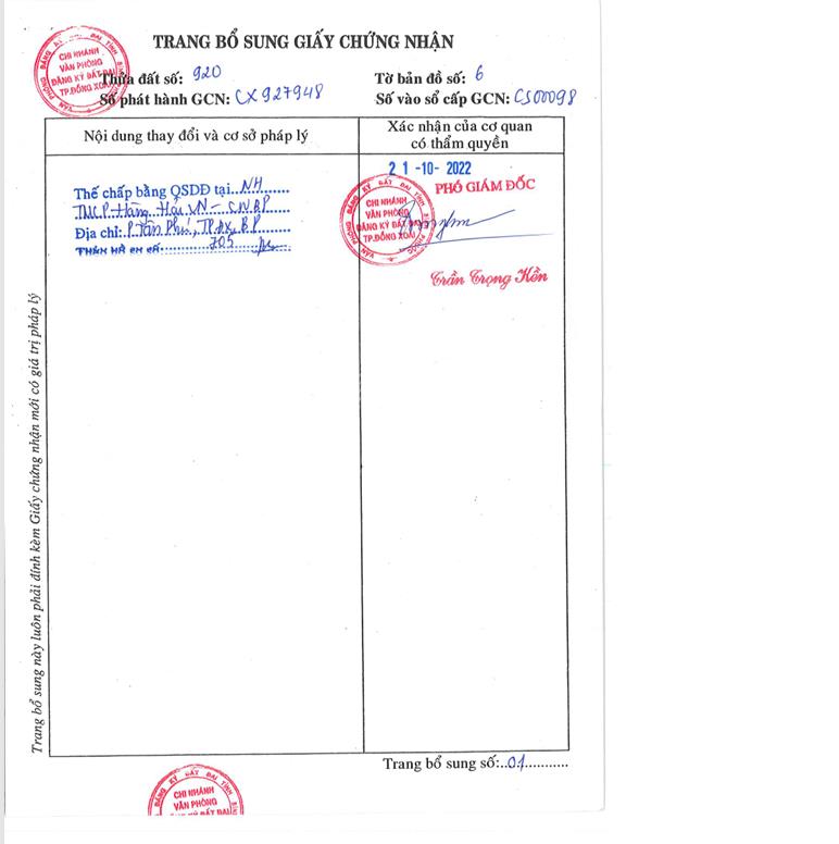 Bán qsdđ và ts khác gắn liền với đất tại thửa 920, tờ bản đồ số 06, tại p. đồng xoài, tp. đồng nai