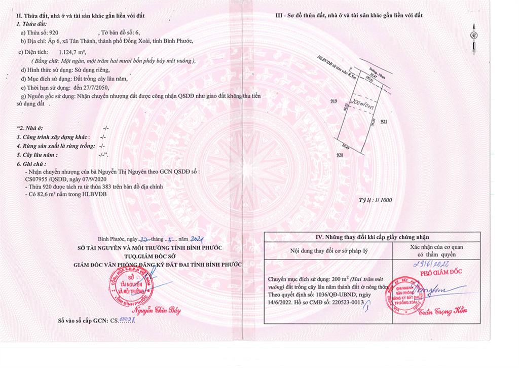 Bán qsdđ và ts khác gắn liền với đất tại thửa 920, tờ bản đồ số 06, tại p. đồng xoài, tp. đồng nai