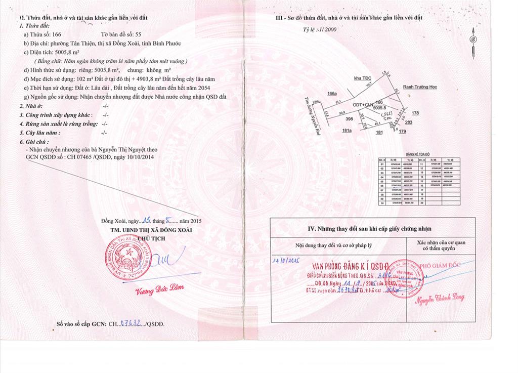 Bán qsdđ và ts khác gắn liền với đất thuộc thửa 166, tờ bản đồ số 55, p. đồng xoài, tp. đồng nai