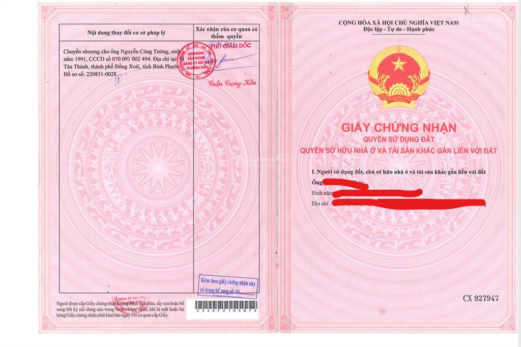 Bán qsdđ và ts khác gắn liền với đất tại thửa 921, tờ bản đồ 06, tại p. đồng xoài, tp. đồng nai