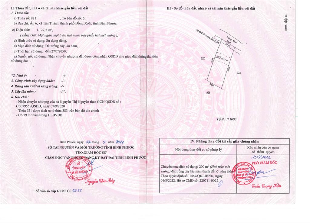 Bán qsdđ và ts khác gắn liền với đất tại thửa 921, tờ bản đồ 06, tại p. đồng xoài, tp. đồng nai