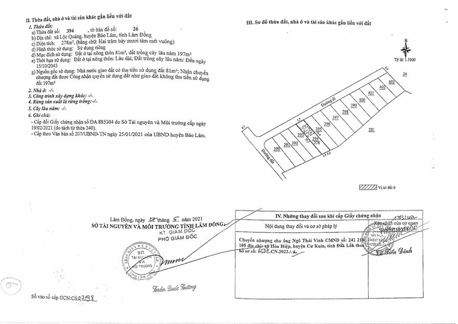Bán qsdđ và ts gắn liền với đất tại thửa đất số 394, tờ bản đồ số 26, x. bảo lâm 1, t. lâm đồng