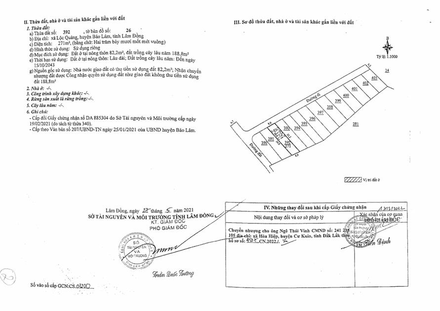 Bán qsdđ và ts khác tại thửa đất số 392, tờ bản đồ số 26, x. bảo lâm 1, t. lâm đồng