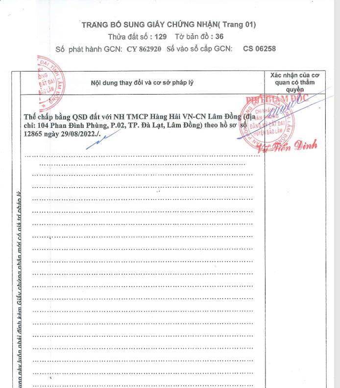 Bán qsdđ thửa đất số 129, tbđ 36 lộc tân, h. bảo lâm (nay là phường 2  bảo lộc), tỉnh lâm đồng