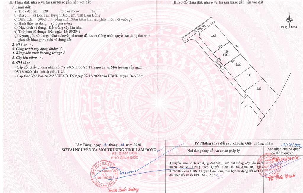 Bán qsdđ thửa đất số 129, tbđ 36 lộc tân, h. bảo lâm (nay là phường 2  bảo lộc), tỉnh lâm đồng