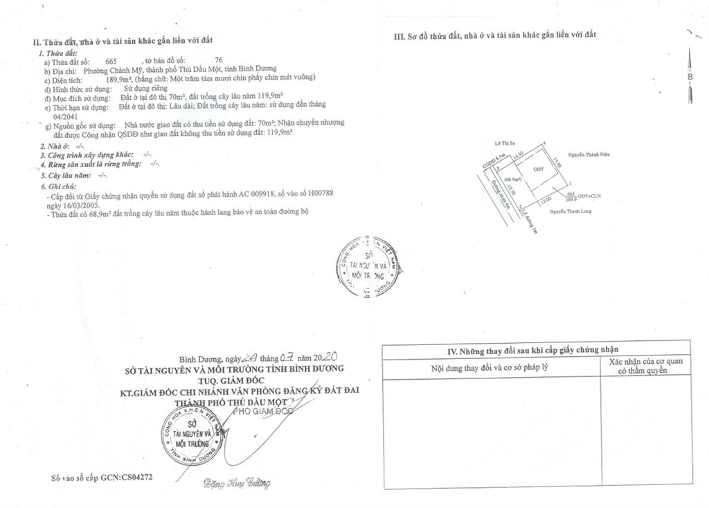 Bán qsdđ thửa đất số 665, tờ bản đồ số 76, p. chánh mỹ, tp. thủ dầu một, t. bình dương