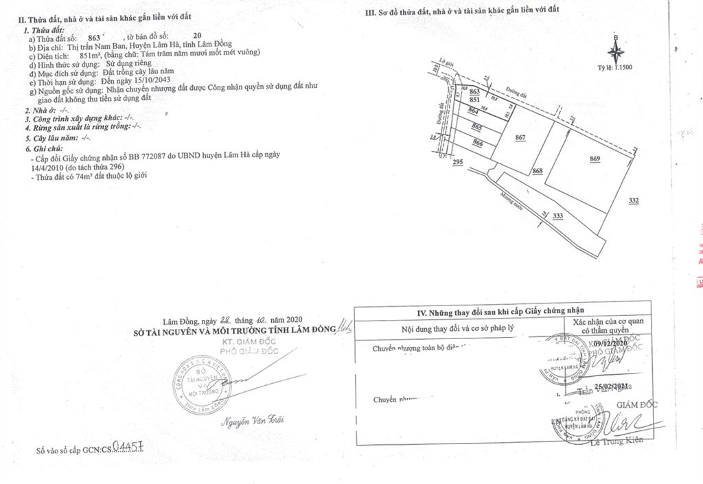 Bán qsdđ thửa đất số 863, tờ bản đồ số 20, tt. nam ban, h. lâm hà, tỉnh lâm đồng