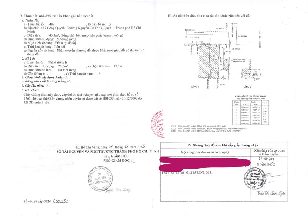 Bán qsdđ thửa 402, 403, cùng tờ bản đồ số 03, tại địa chỉ a19 cống quỳnh, p.cầu ông lãnh, tp.hcm