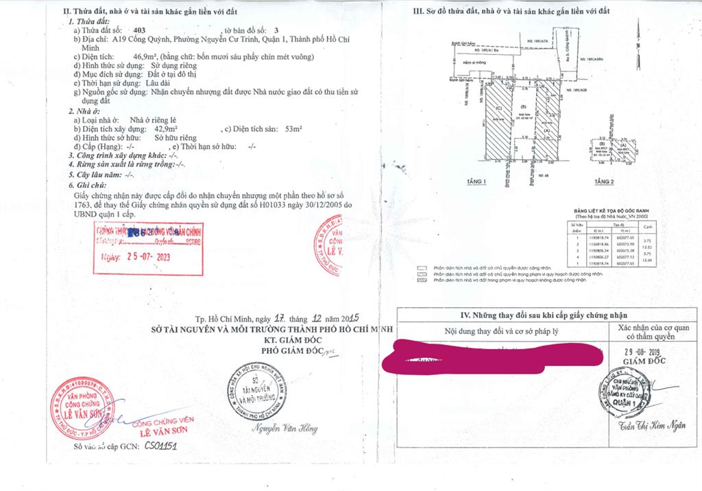 Bán qsdđ thửa 402, 403, cùng tờ bản đồ số 03, tại địa chỉ a19 cống quỳnh, p.cầu ông lãnh, tp.hcm