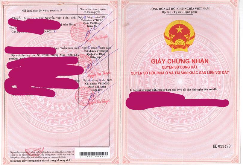 Bán qsdđ và ts khác gắn liền với đất tại thửa đất số 182, tờ bản đồ số 26, p. cái răng, tp. cần thơ