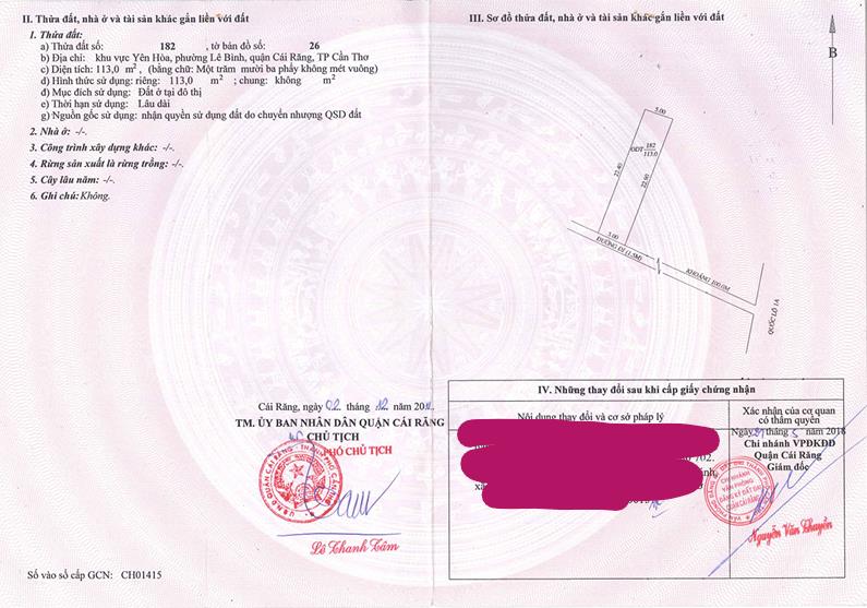 Bán qsdđ và ts khác gắn liền với đất tại thửa đất số 182, tờ bản đồ số 26, p. cái răng, tp. cần thơ