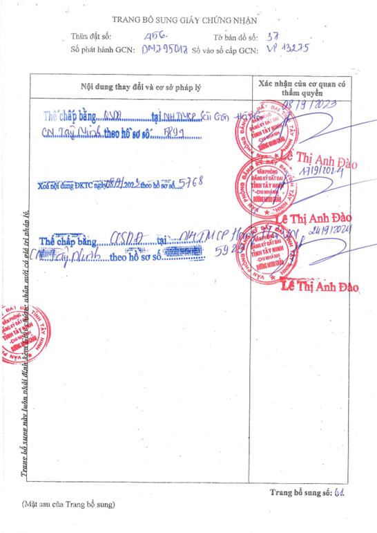 Bán qsdđ tại thửa đất số 584 + 456, tờ bản đồ số 37, x.dương minh châu, t.tây ninh