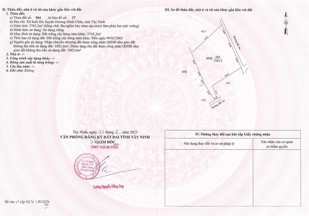 Bán qsdđ tại thửa đất số 584 + 456, tờ bản đồ số 37, x.dương minh châu, t.tây ninh