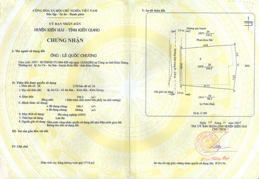Bán qsdđ và ts khác gắn liền với đất thuộc thửa 40, tờ bản đồ số 20, đặc khu kiên hải, t.an giang