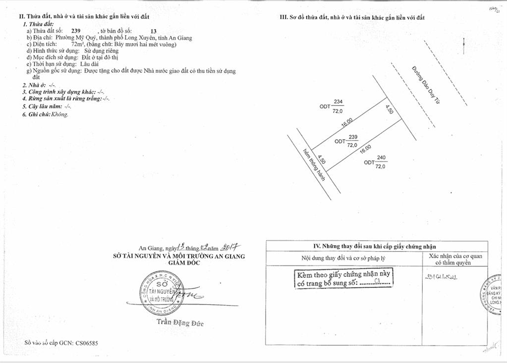 Bán qsdđ tại thửa đất số 239, tờ bản đồ số 13 p.mỹ quý, tp.long xuyên, t.an giang