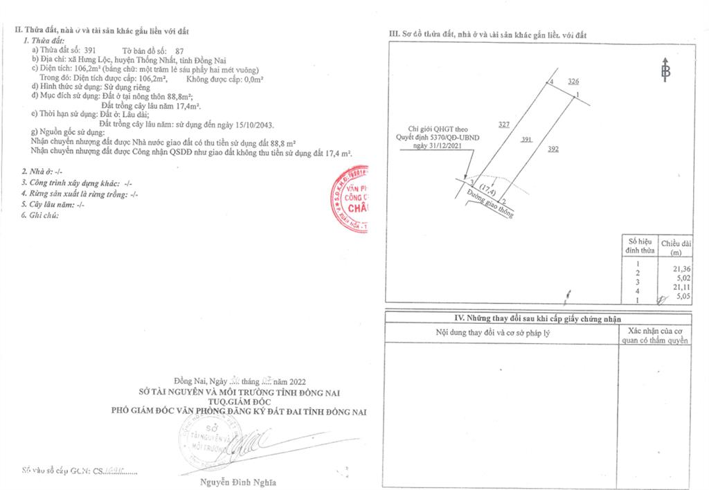 Bán qsdđ tại thửa đất số 391, tờ bản đồ số 87, p. dầu giây, tp. đồng nai