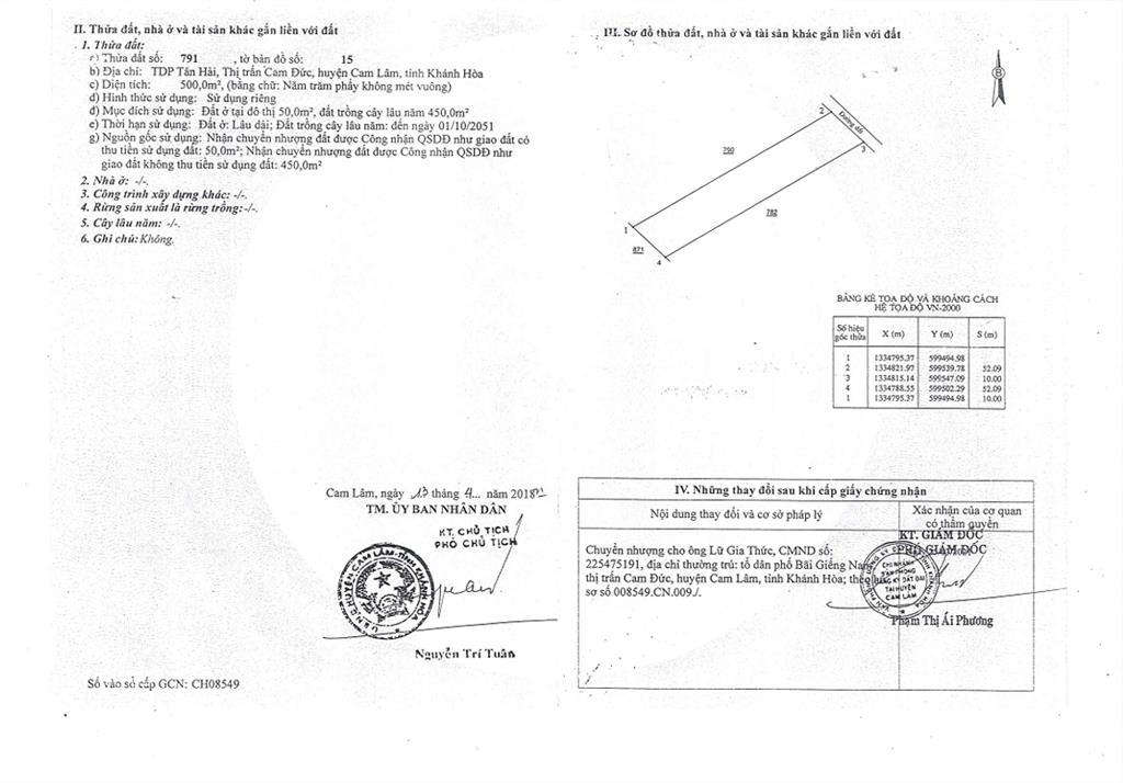 Bán qsdđ tại thửa số 791, tờ bản đồ số 15, xã cam lâm, t. khánh hòa