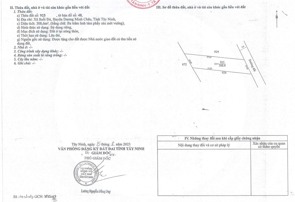 Bán qsdđ và ts gắn liền với đất tại thửa 925, tờ bản đồ số 48, xã dương minh châu, tỉnh tây ninh