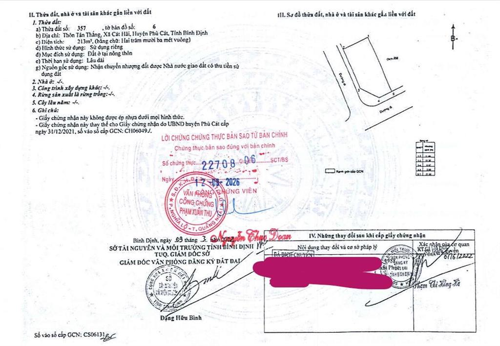 Bán qsdđ gắn liền với đất tại thửa đất số 357, tờ bản đồ số 06, x.cát tiến, t.gia lai