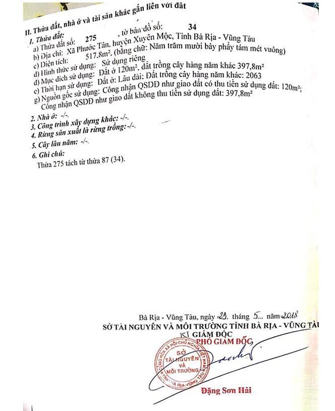 Bán qsdđ tại thửa đất số 275, tờ bản đồ số 34, xã hồ tràm, tp.hcm