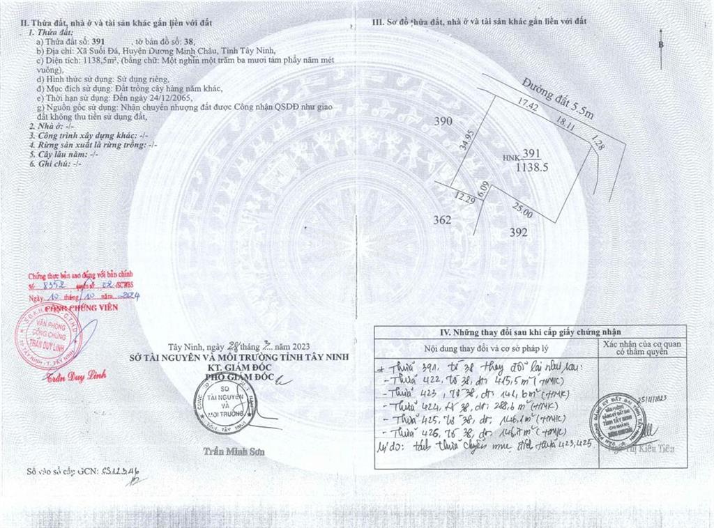 Bán qsdđ tại thửa 391 (nay là các thửa 444, 445, 540, 541), tbđ 38, x.dương minh châu, t.tây ninh