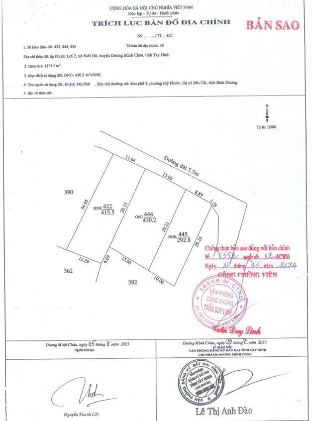Bán qsdđ tại thửa 391 (nay là các thửa 444, 445, 540, 541), tbđ 38, x.dương minh châu, t.tây ninh