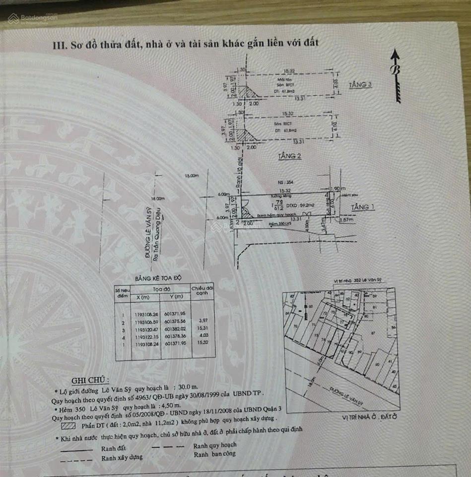 Bán nhà góc 3mt lê văn sỹ  quận 3  (4x15)  3 tầng  hđt 50tr/th  bán 29 tỷ