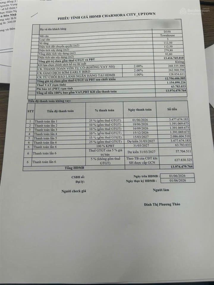 Chuyển nhượng thấp hơn 500 triệu so với giá hợp đồng, liền kề 3 tầng charmora city nha trang