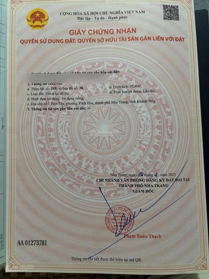 Lô đất ngang 7,8m hướng đông nam  vĩnh hoà (cũ) phường bắc nha trang